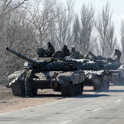 An armoured convoy of pro-Russian troops is seen outside the separatist-controlled town of Volnovakha in the Donetsk region, Ukraine on March 12. Photo: Reuters