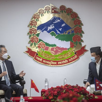 Nepali Foreign Minister Narayan Khadka (right) and Chinese Foreign Minister Wang Yi hold talks in Kathmandu on Saturday. Photo: EPA-EFE