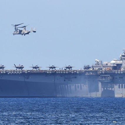 A helicopter takes off from the USS Wasp during a recent exercise in the South China Sea with the Philippine navy. Photo: AFP