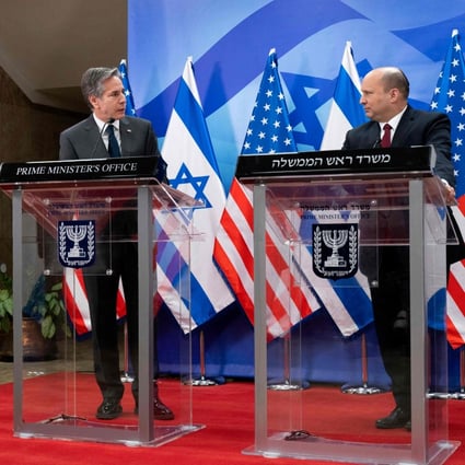 Israeli Prime Minister Naftali Bennett (R) and US Secretary of state Antony Blinken address the media following a meeting at the prime minister’s office in Jerusalem on Sunday. 