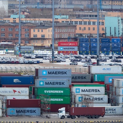 Shipping containers are stacked up at the Port of St. Petersburg. Certain goods and technology may no longer be brought into Russia from the EU and other Western countries due to Washington-led sanctions levied against Moscow for invading Ukraine. Photo: DPA