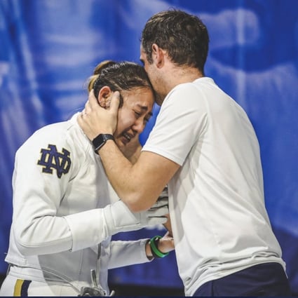 Kaylin Hsieh broke down in tears after winning the women’s épée final at NCAA Fencing Championships. Photo: Twitter/@NDFencing
