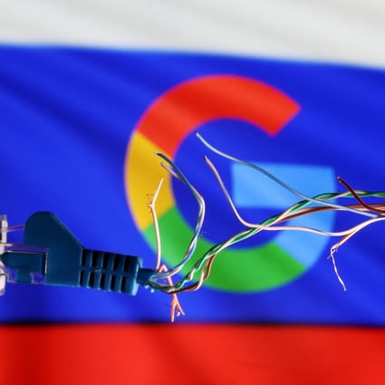 A broken Ethernet cable seen in front of Russian flag and Google logo in this illustration taken March 11, 2022. Photo: Reuters