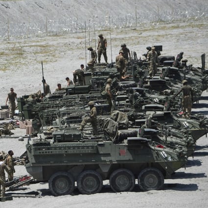 US Army Stryker armoured fighting vehicles   at Crow Valley in Capas, Tarlac province. Photo: AFP