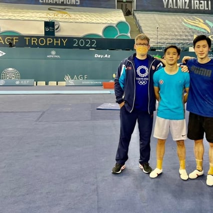 Hong Kong men’s gymnasts, with coach Sergiy (first left), getting ready for Baku World Cup.  Photo: Sergiyfb