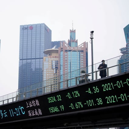 An electronic board shows the Shanghai and Shenzhen stock indices in Shanghai’s Lujiazui financial district. The Shanghai Composite Index was Asia’s worst-performing benchmark in the first quarter. Photo: Reuters