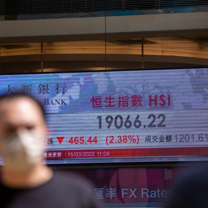 An electronic screen displays the Hang Seng Index in Hong Kong on March 15, 2022. After Chinese stocks suffered selloffs in March, Goldman Sachs is betting on strong growth for the year. Photo: Bloomberg