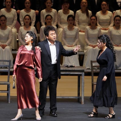 Shanghai Opera House cast members (from left) Dong Fang, Xue Haoyin and He Hui and choir in a scene from Mascagni’s opera Cavalleria Rusticana, streamed by Hong Kong Arts Festival. Photo; Cao Jiamial/Chen Yulin
