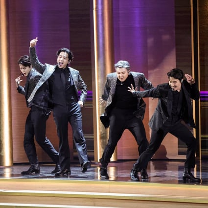 Members of BTS perform their hit song Butter during the 64th Grammy Awards show in Las Vegas on Sunday. The song missed out on an award, leaving fans of the K-pop boy band disappointed. Photo: Reuters