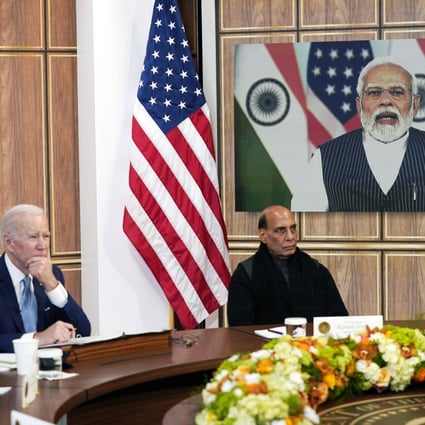 US President Joe Biden holds a virtual meeting with Indian Prime Minister Narendra Modi in the South Court Auditorium on the White House campus in Washington on Monday. Photo: AP 