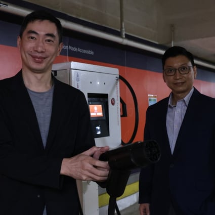 Cornerstone’s CEO, Vincent Yip, left, and CFO, Barry Cheung, at an EV charging facility in Hong Kong’s Shek Yam Shopping Centre. Photo: KY Cheng
