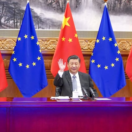 China surpassed the United States to become the EU’s largest trading partner in 2020-21. Pictured is Chinese President Xi Jinping, meeting virtually with German, French, EU and European Council leaders in December 2002. Photo: Xinhua