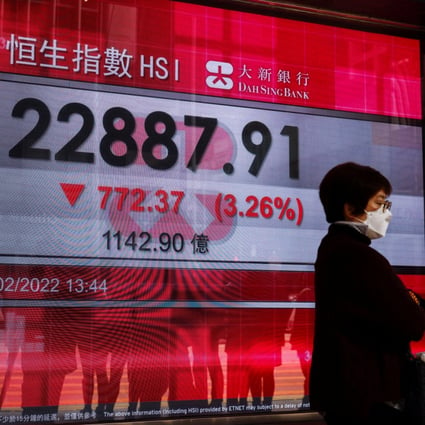 A woman walks past a screen displaying Hang Seng Index in February 2022. Photo: Reuters