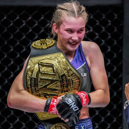 Smilla Sundell speaks to Mitch Chilson after winning the ONE strawweight Muay Thai title at ONE 156. Photo: Ryan John Peters/ONE Championship