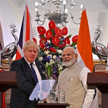 British Prime Minister Boris Johnson and Prime minister of India Narendra Modi at Hyderabad House. Photo: dpa