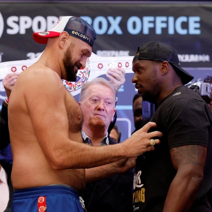 Tyson Fury (left) and Dillian Whyte go head to head during their weigh-in before the clash at Wembley. Photo: Action Images via Reuters