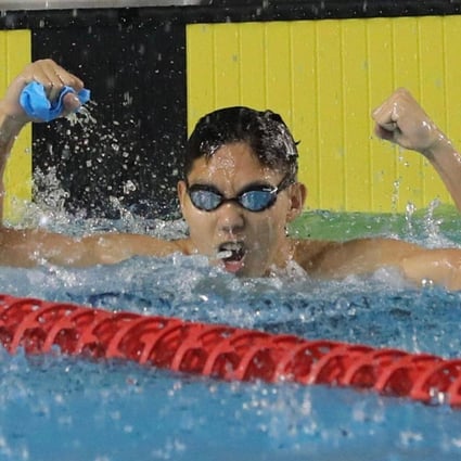 Hayden Kwan celebrates during the Long Course Time Trial at the Hong Kong Sports Institute. Photo: Hong Kong Swimming Association