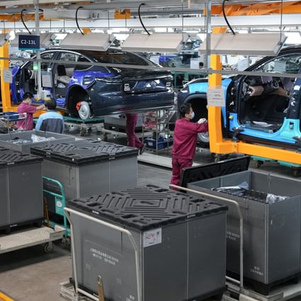 Technicians work on a vehicle production line at the NIO manufacturing base in Hefei, Anhui province. Photo: Xinhua
