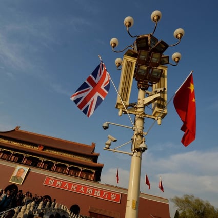 The flags of Britain and China flag are seen in Beijing’s Tiananmen Square during a UK trade visit in 2013. Photo: AFP