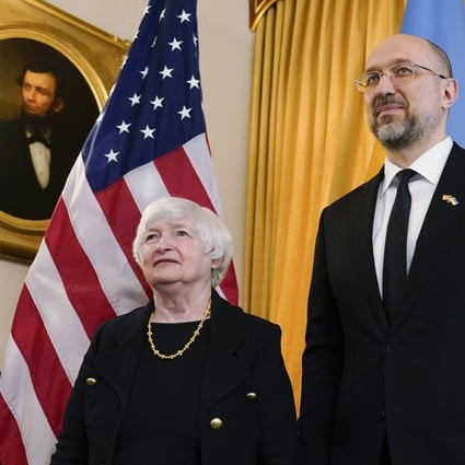 US Treasury Secretary Janet Yellen and Ukrainian Prime Minister Denys Shmyhal meet at the Treasury Department in Washington on April 21. US sanctions on Russia include freezing the country’s foreign exchange reserves. Photo: AP 