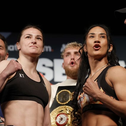 Katie Taylor of Ireland (left) and Amanda Serrano of Puerto Rico face off during the weigh-in leading up to their world lightweight title fight at Madison Square Garden. Photo: AFP