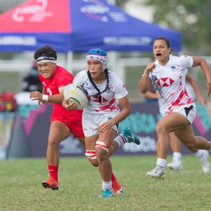 Hong Kong women’s co-captain Melody Li Nim-yan opens the China defence for the team at the Asia Rugby Sevens Series. Photo: Asia Rugby