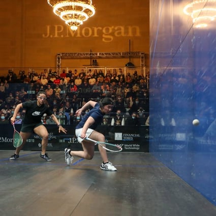 Chan Sin-yuk (right) on her way to victory over Egypt’s Kenzy Ayman in the Tournament of Champions Challenger final in New York. Photo: Professional Squash Association