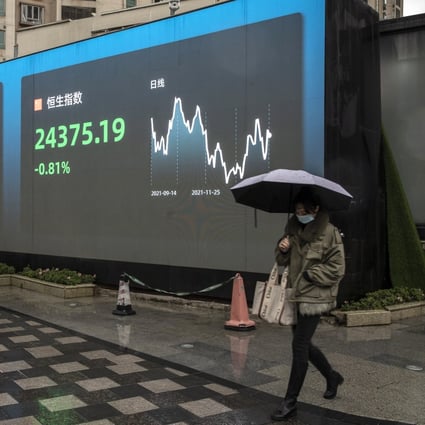A public screen displays the Shenzhen Stock Exchange and the Hang Seng Index figures in Shanghai on February 7, 2022. Months of crackdowns on the tech sector have taken a heavy toll on related Chinese stocks, on domestic and foreign exchanges, but restrictive measures could start to ease. Photo: Bloomberg