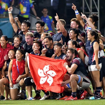 The Hong Kong men’s rugby sevens team celebrate their gold medal at the 2018 Asian Games in Jakarta. Photo: AFP