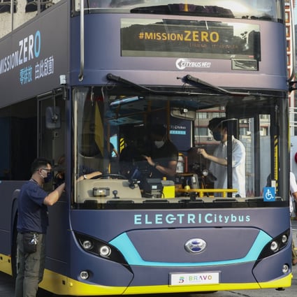 Bravo Transport Services unveils Hong Kong’s first electric double deck bus at the Citybus Chai Wan depot on April 29. Photo: Jonathan Wong