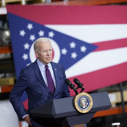 US President Joe Biden speaks at United Performance Metals in Hamilton, Ohio on Friday. Biden touted his “additive manufacturing forward” initiative and reiterated calls to Congress to pass China-related legislation. Photo: AP 