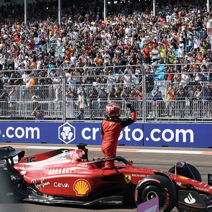 Ferrari’s Charles Leclerc waves to spectators after qualifying on pole ahead of the Miami Grand Prix. Photo: DPA