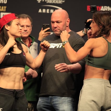 Zhang Weili faces off with Joanna Jedrzejczyk at the UFC 248 ceremonial weigh-ins in Las Vegas. Photo: Amy Kaplan
