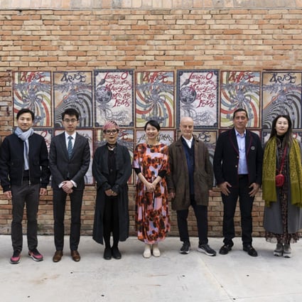 Opening reception of “Angela Su: Arise, Hong Kong in Venice, 2022”, with the artist Angela Su (fourth left) and curator Freya Chou (fourth right), Henry Tsoi, deputy representative of the Hong Kong Economic and Trade Office, Brussels (third from left), Uli Sigg (third from right) and four M+ patrons (from left) Jonathan Cheung, Honus Tandijono, Shane Akeroyd and Yan Du. Photo: T-space studio
