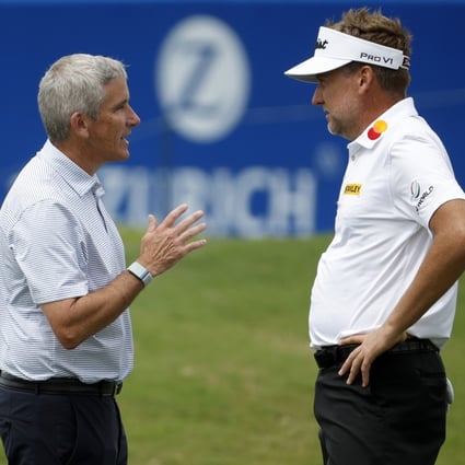 PGA Tour commissioner Jay Monahan (left) speaks to Ian Poulter during an event in New Orleans last year. Poulter is believed to have been one of those players to ask for a release. Photo: AFP