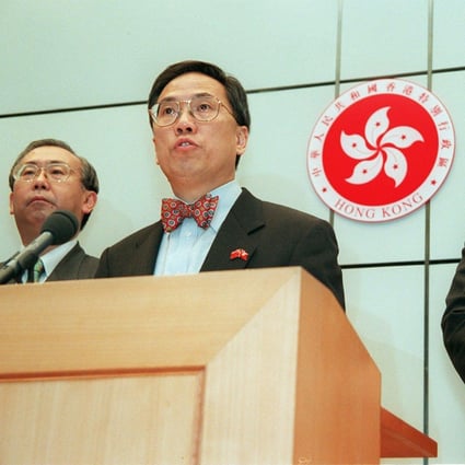 Secretary for Financial Services Rafael Hui Si-yan, Financial Secretary Donald Tsang and Monetary Authority chief Joseph Yam announce the intervention which moved the index up 8.5 per cent. Photo: Dustin Shum
