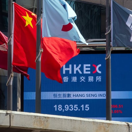 The flags of China and Hong Kong fly near an electronic screen displaying the Hang Seng Index in Hong Kong. Photo: Bloomberg