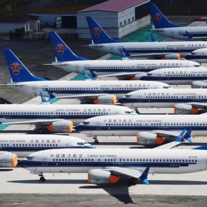 A fleet of Boeing 737 MAX aircraft bearing the livery of China Southern Airlines parked at Urumqi airport in western China’s Xinjiang regionon June 5, 2019. Photo: AFP
