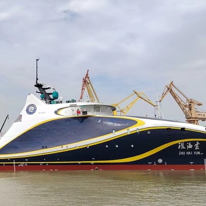 On Wednesday China launched the world’s first unmanned ship. The ship, Zhu Hai Yun has a top speed of 18 knots and can carry dozens of drone aircraft and unmanned water craft. Photo: Handout