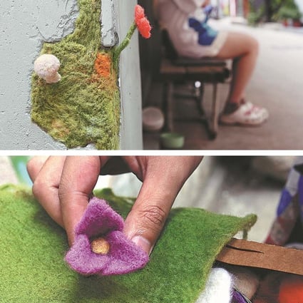 An artist in China has filled cracked walls with felt flowers. Photo: SCMP composite