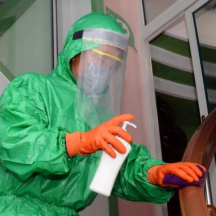 Staff disinfect the premises of a medical oxygen factory to curb the current coronavirus disease health crisis in Pyongyang, North Korea. Photo: KCNA via EPA-EFE