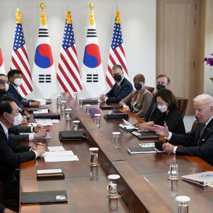 US President Joe Biden (right) speaks during a meeting with South Korean President Yoon Suk-yeol at the People’s House inside the Ministry of National Defence in Seoul on May 21. Photo: AP
