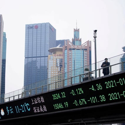A man stands on an overpass with an electronic board showing Shanghai and Shenzhen stock indexes, at the Lujiazui financial district. Photo: Reuters