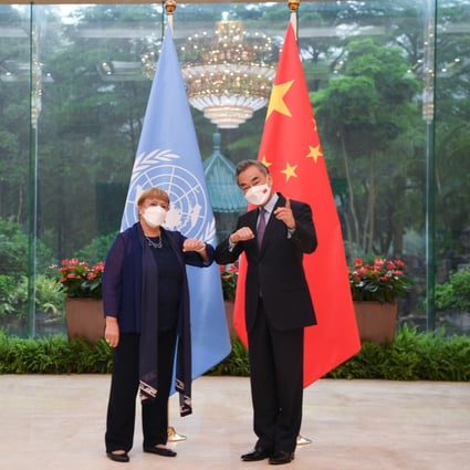 United Nations High Commissioner for Human Rights Michelle Bachelet with Chinese Foreign Minister Wang Yi in Guangzhou, southern China’ on Monday. Photo: Xinhua