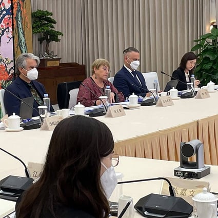 UN human rights chief Michelle Bachelet (second from left) attends a virtual meeting with Vice Minister Du Hangwei of China’s Ministry of Public Security in Guangzhou, as Bachelet begins a long-awaited and controversial trip to Xinjiang. Photo: AFP