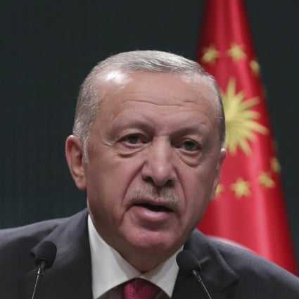 Turkish President Recep Tayyip Erdogan speaks following a cabinet meeting, in Ankara, Turkey on Monday. Photo: Turkish presidency via AP