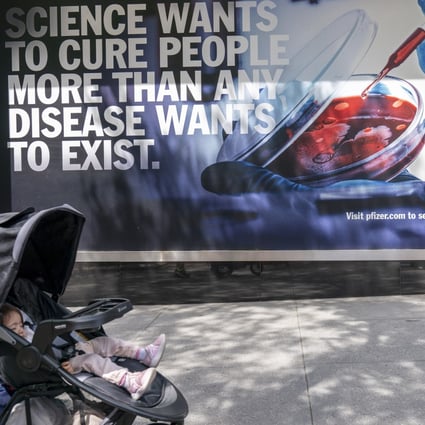 An advertising poster outside Pfizer headquarters in New York. Photo: AP