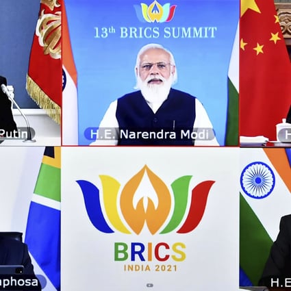 A BRICS summit meeting held by videoconference on September 9, 2021. The five countries represent nearly half of the world’s population. Photo: Press Information Bureau via AP