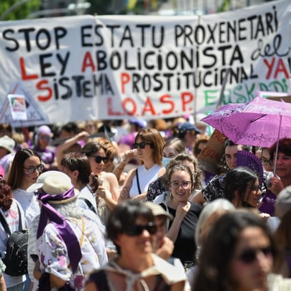 Protesters take part in a demonstration calling for a ban on prostitution in Madrid, Spain on Saturday. Photo: Europa Press / DPA 