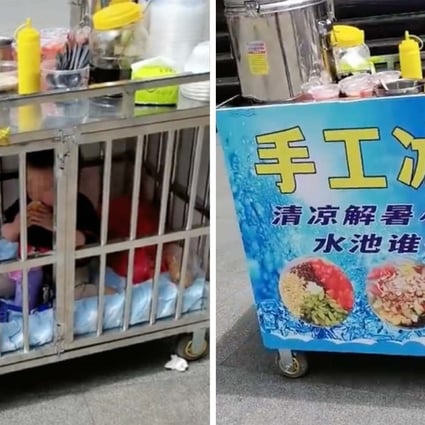 A video of a child being held in a cage while his mother worked has gone viral in China. Photo: SCMP composite
